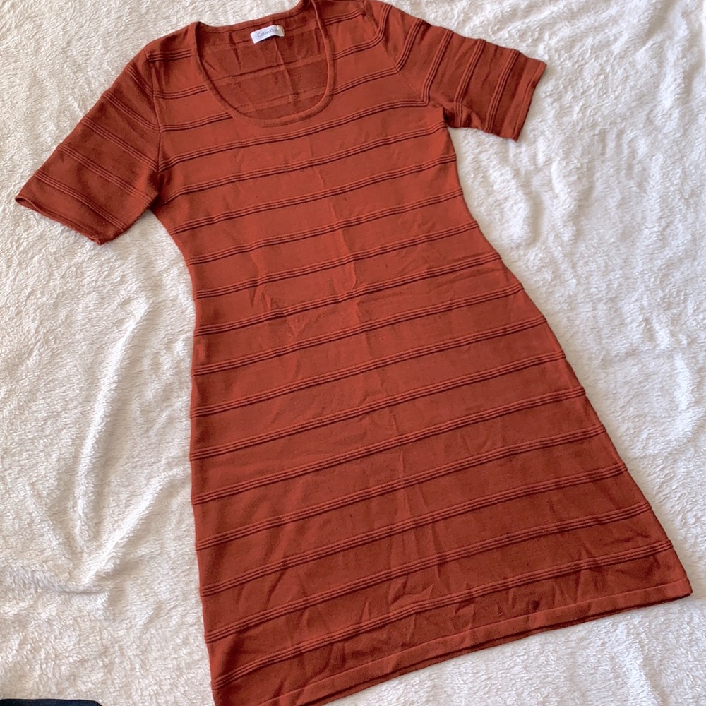 Calvin Klein Ribbed rust orange body-con dress